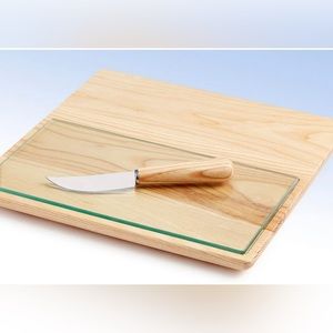 Hotel Collection 3 PC Cheese Board Knife Set Ash Wood Tempered Glass $117